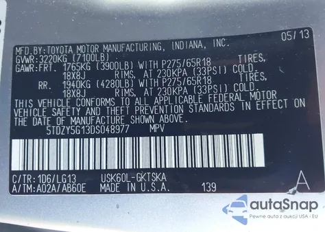 2013 Toyota Sequoia Sr5 5.7L V8 from USA, damaged, VIN 5TDZY5G13DS048977